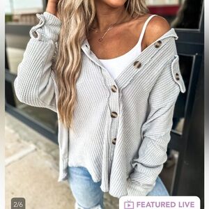 Light Grey Acid Washed Waffle Knit Shacket